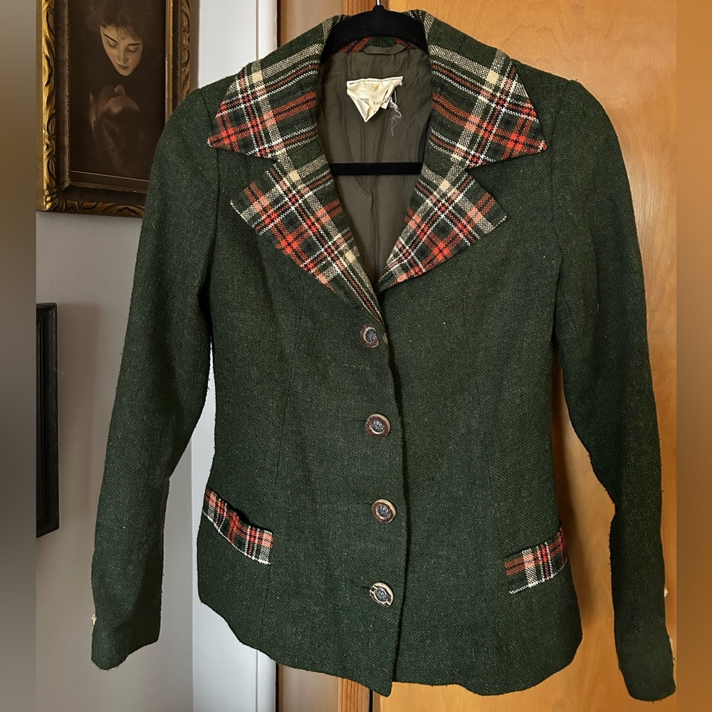 Vintage Green and Plaid Fitted Tweed Wool Jacket